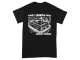 Black t-shirt with graphic of vintage pickup truck labeled "FIRST GENERATION 1960-1966."