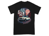 Black t-shirt with graphic of white 4th Gen C/K truck and American flag sunset.