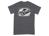 Black and white graphic of a lowered pickup truck on a brick pattern.