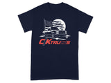 Dark blue t-shirt with a graphic of a pickup truck, American flag, and "CKTRUCKS" text.
