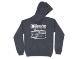 Dark heather grey hoodie with white Squarebody Nation truck graphic.