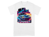 Blue retro car with "Foxbody" text on a brightly colored background.