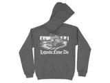 Dark gray hoodie with graphic of vintage truck and American flag, text "Legends Never Die."