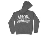 Dark grey hoodie with white graphic of Apache truck and text 1960-1966.