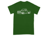 White outline of a lowered pickup truck on a green t-shirt.