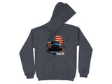 Dark gray hoodie with a black truck and American flag graphic.