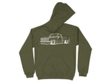 Olive green hoodie with a white outline drawing of a lowered pickup truck.