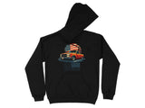 Black hoodie with a graphic of a red truck, American flag, and "OBSESSION SINGLE CAB 1988-2002".