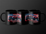 Black mug with red truck and American flag graphic, reading "POWER STROKE".