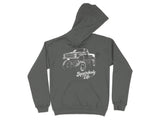 Gray hoodie with white graphic of a lifted pickup truck and "Squarebody Life" text.