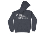 Dark grey hoodie with white "C10" text and a custom pickup truck graphic.