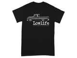 Black t-shirt with graphic of a lowrider truck and text "Lowlife".