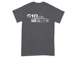 Dark grey t-shirt with white "C10" text and a outlined slammed pickup truck graphic.