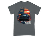 Black lowered pickup truck front view, American flag sun, text "When Stance is Everything Ruin It."