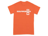 Orange t-shirt with white "SQUAREBODY" logo and square graphic.