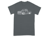 White line drawing of a lowered pickup truck with large rims on a charcoal t-shirt.