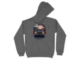 Dark gray hoodie with a graphic of a vintage truck and American flag.