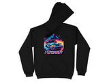 Black hoodie with a neon 'Foxbody' car and retro-wave landscape graphic.